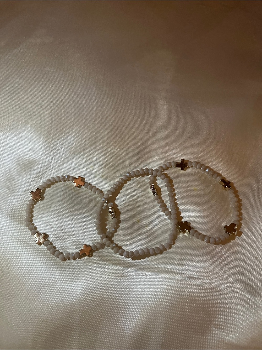 Neutral Beaded Stretch Bracelet Set with Gold Cross Accents - Picture 2 of 5